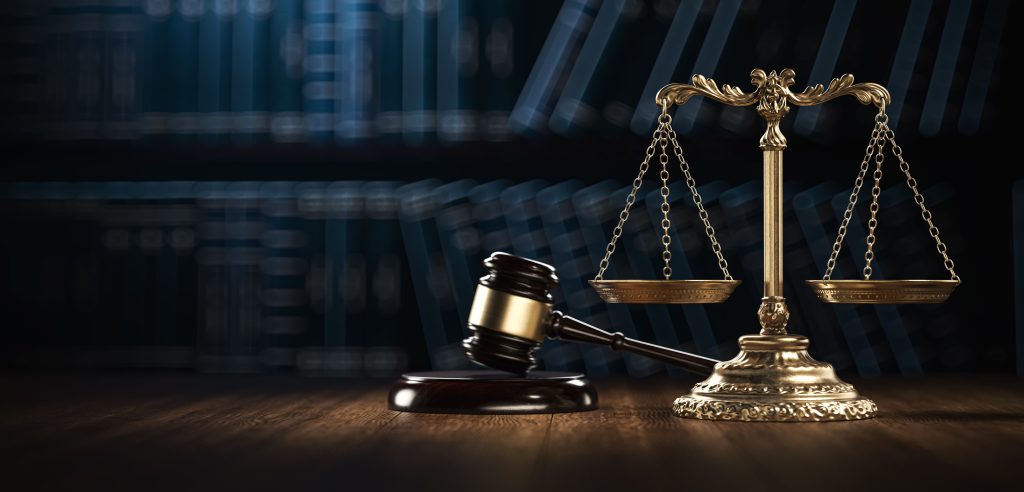 Law Legal System Justice Crime concept. Mallet Gavel Hammer and Scales on table. 3d Render illustration.
